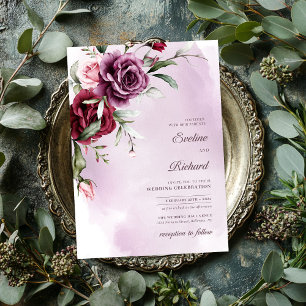 Invitation Chic marron d'aquarelle et roses bordeaux