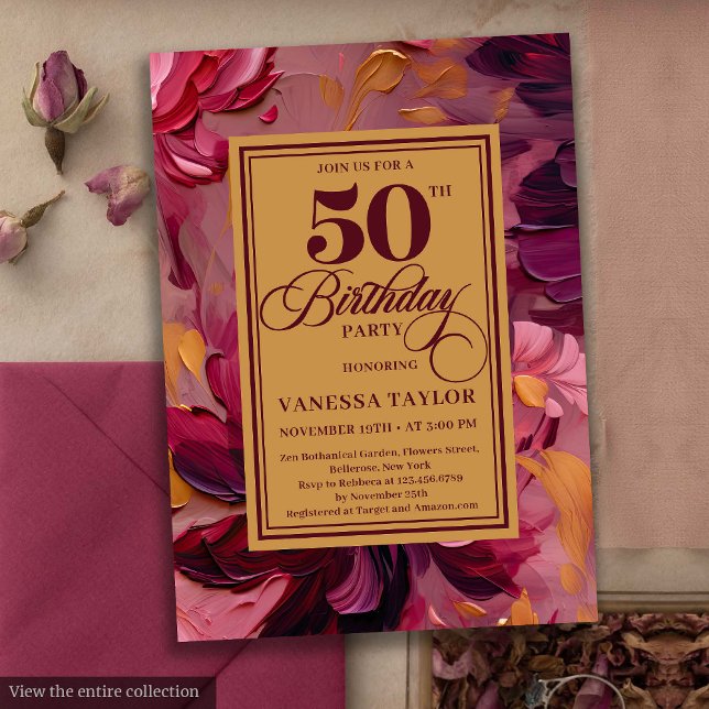 Invitation Chic marsala blush or floral 50e anniversaire (Chic marsala blush gold floral 50th birthday invitation

)