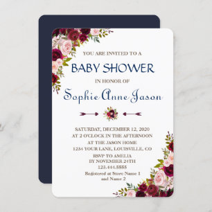 Invitation Chic Marsala Floral Automne Marine Baby shower ble