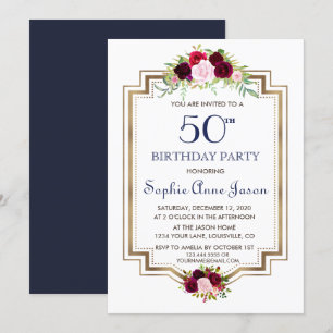 Invitation Chic Marsala Floral Navy Blue Gold 50e anniversair