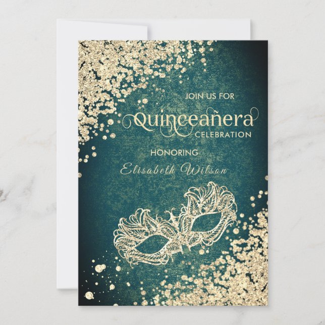 Invitation Chic Masquerade diamant luxe Quinceañera vert (Devant)