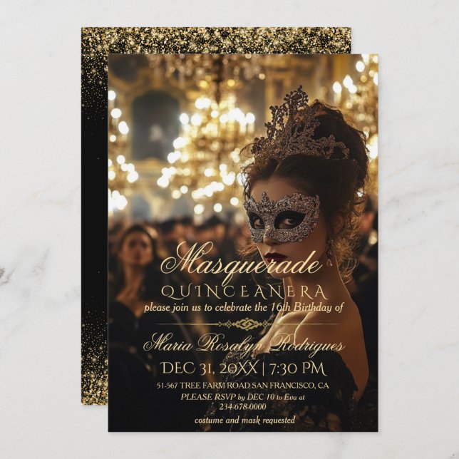 Invitation Chic Masquerade or Quinceanera Photo (Devant / Derrière)