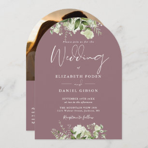 Invitation Chic Mauve Greenery QR Code Photo Arch Mariage