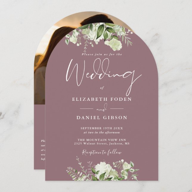 Invitation Chic Mauve Greenery QR Code Photo Arch Mariage (Devant / Derrière)