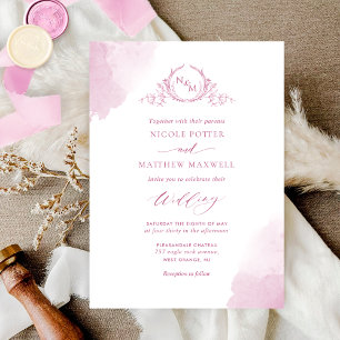 Invitation Chic Mauve rose Aquarelle Taches Monogramme Mariag