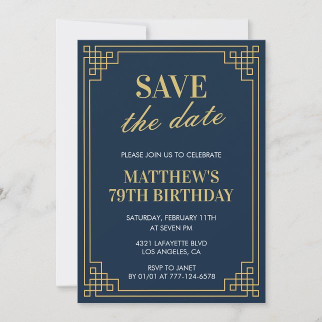 Invitation Chic Men Sauvez la date 79e anniversaire (Devant)