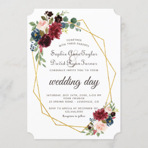 Invitation Chic Merlot Marine Blue Floral Gold Frame Mariage