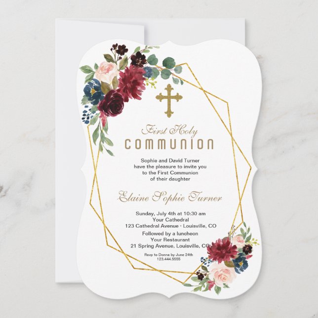 Invitation Chic Merlot Marine Floral Gold Frame Holy Communio (Devant)
