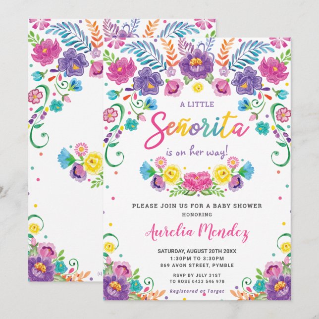 Invitation Chic Mexicaine Floral Senorita Baby shower Girl (Devant / Derrière)