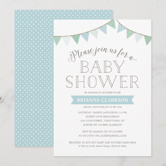 Invitation chic minable de baby shower du bleu | (Devant / Derrière)