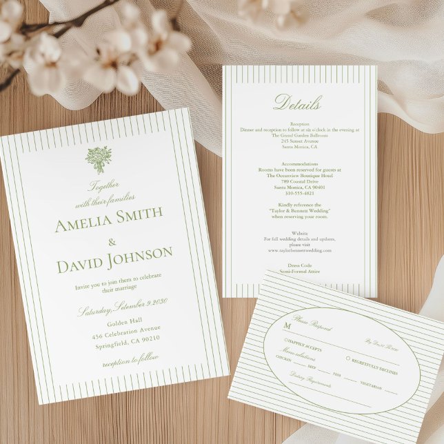 Invitation Chic Minimalist Stripe Green Wedding Details (Créateur téléchargé)