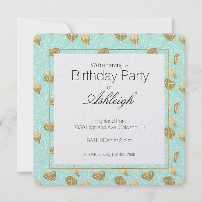 Invitation Chic Mint et Diamants d'or Anniversaire (Devant)