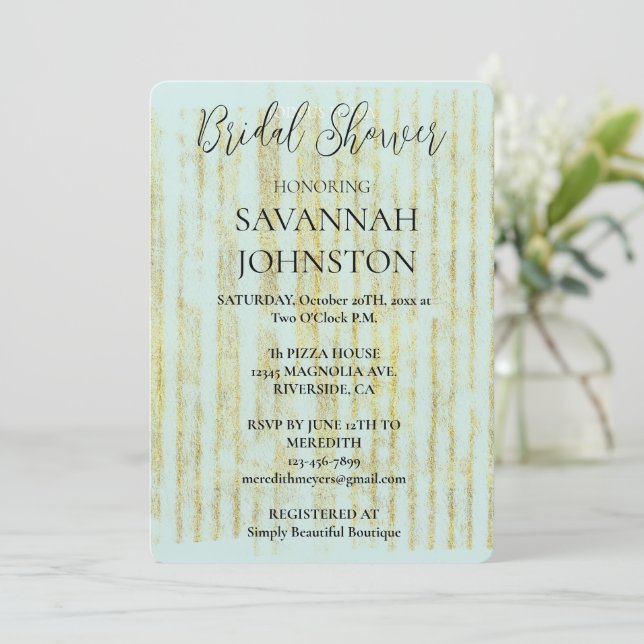 Invitation Chic Mint Glam Gold Stripes Fête des mariées (Debout devant)