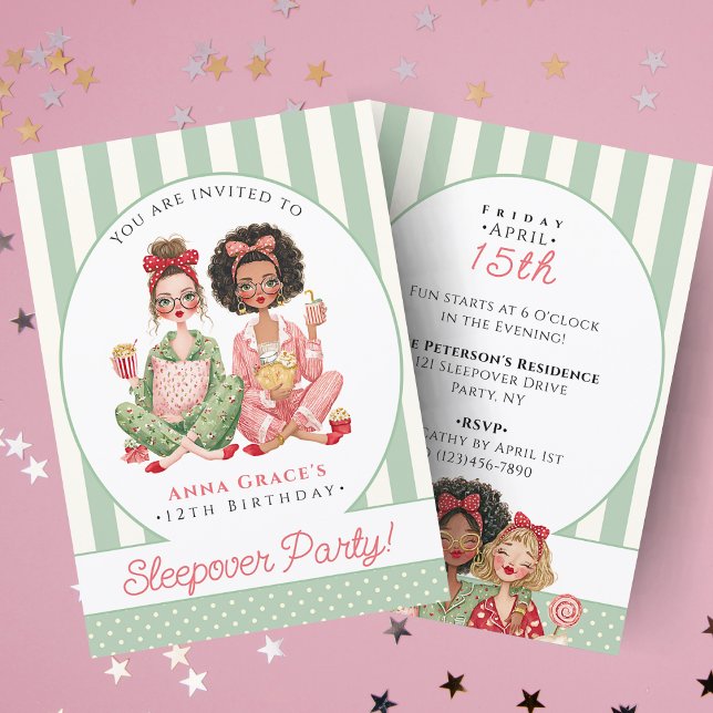 Invitation Chic Mint Stripe Girls Sleepover Birthday (Chic Mint Stripe Girls Sleepover Birthday Invitation
)
