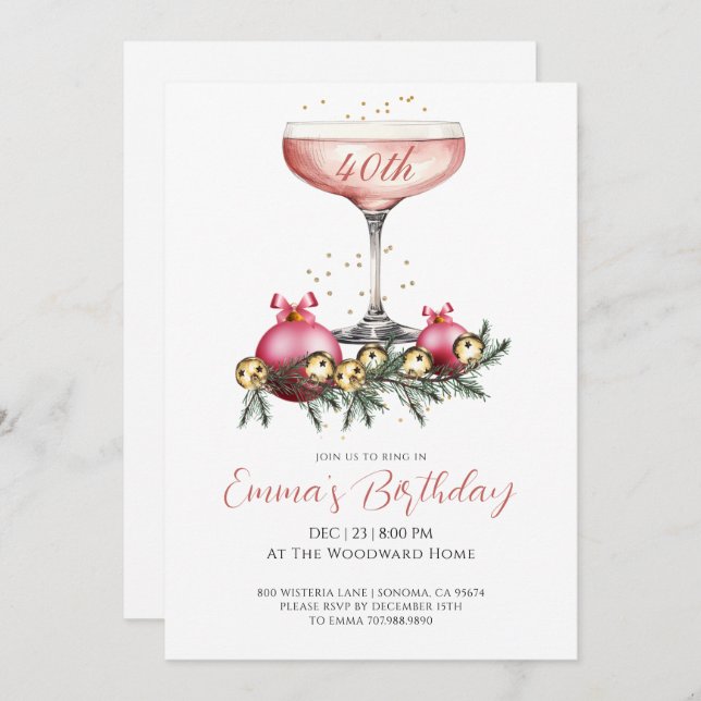 Invitation Chic Modern 40th Christmas Season Birthday Party (Devant / Derrière)