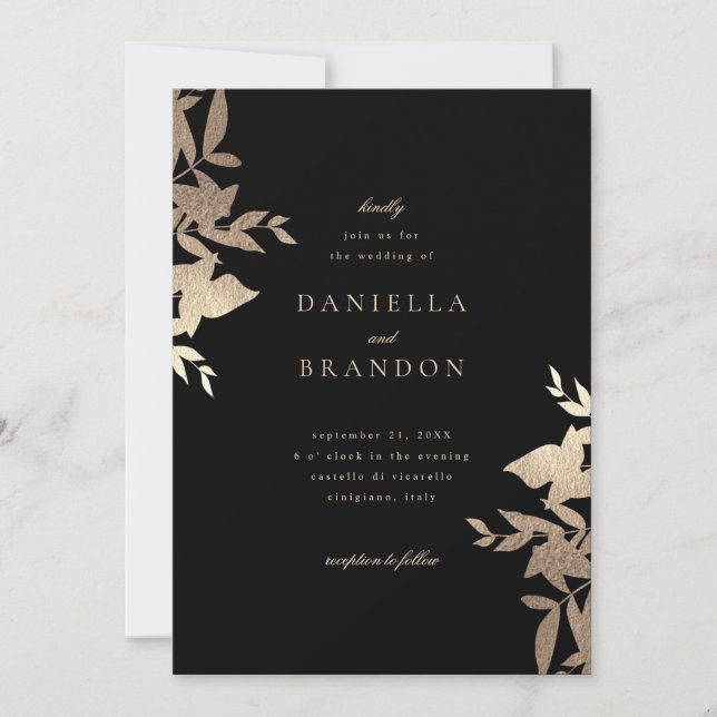Invitation Chic Modern Botanical Faux Gold Black Mariage (Devant)