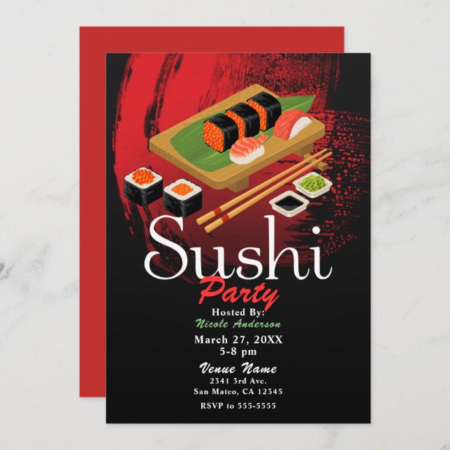 Invitation Chic Modern Elegant Black & Red Sushi Party Event (Devant / Derrière)
