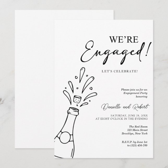 Invitation Chic Modern We're Engaged Black Champagne Party (Devant / Derrière)