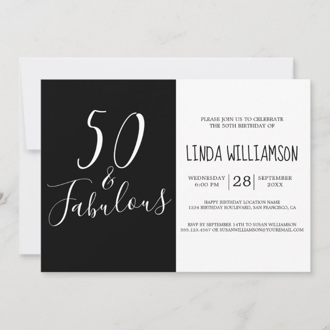 Invitation Chic Moderne 50 Fabuleux noir blanc 50e anniversai (Devant)