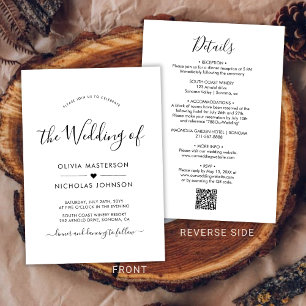 Invitation Chic Moderne Calligraphie Coeur QR Code Mariage