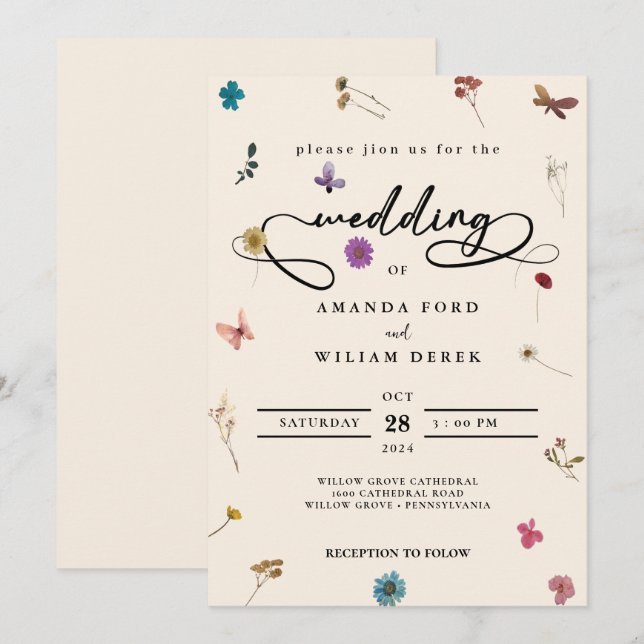 Invitation chic moderne crème coloré Mariage fleur sauvage (Devant / Derrière)