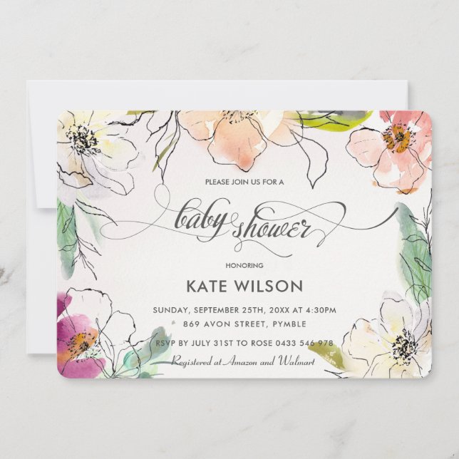 Invitation Chic Moderne Elégant Aquarelle Baby shower Floral (Devant)