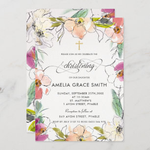 Invitation Chic Moderne Elégant Aquarelle Floral Christening