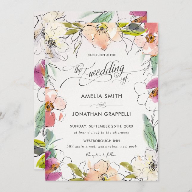 Invitation Chic Moderne Elégant Aquarelle Floral Mariage (Devant / Derrière)