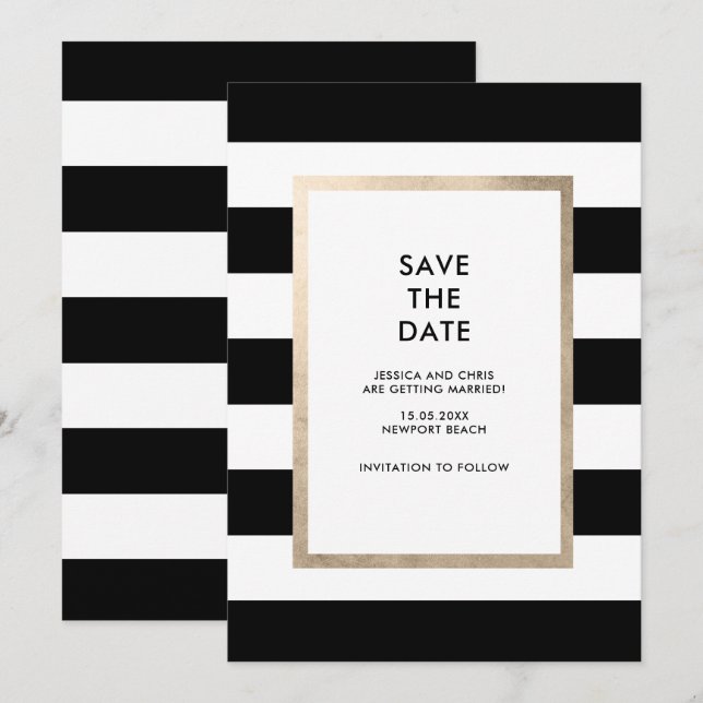 Invitation Chic Moderne Gras Noir Blanc Rayure Rose Or Feuill (Devant / Derrière)