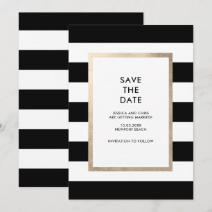 Invitation Chic Moderne Gras Noir Blanc Rayure Rose Or Feuill