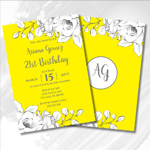 Invitation Chic Moderne Jaune Blanc Floral 21e anniversaire