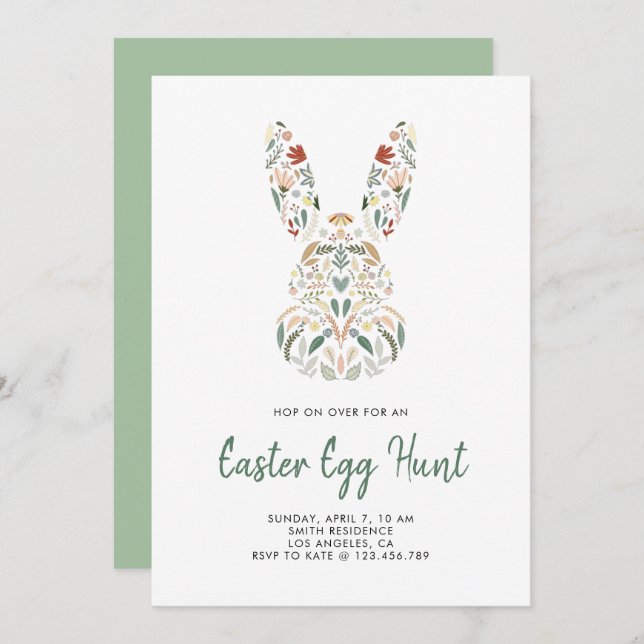 Invitation Chic moderne lapin floral Chasse aux oeufs de Pâqu (Devant / Derrière)