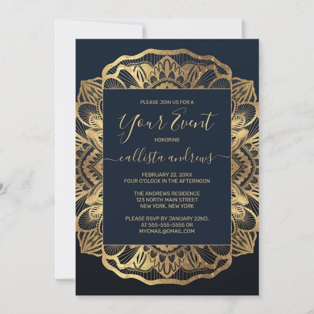 Invitation Chic Moderne Marine Blue Gold Mandala (Devant)