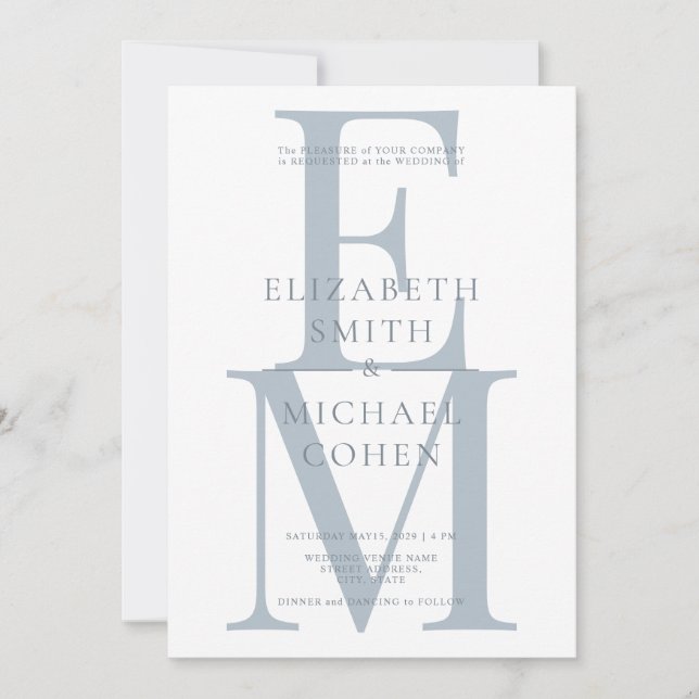 Invitation Chic moderne Monogramme initial Dusty Mariage bleu (Devant)