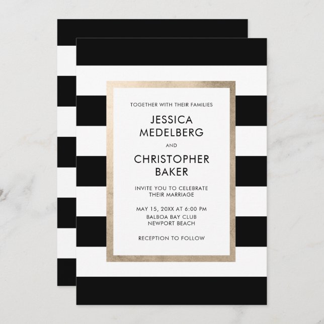 Invitation Chic moderne noir blanc Rose or Mariage (Devant / Derrière)