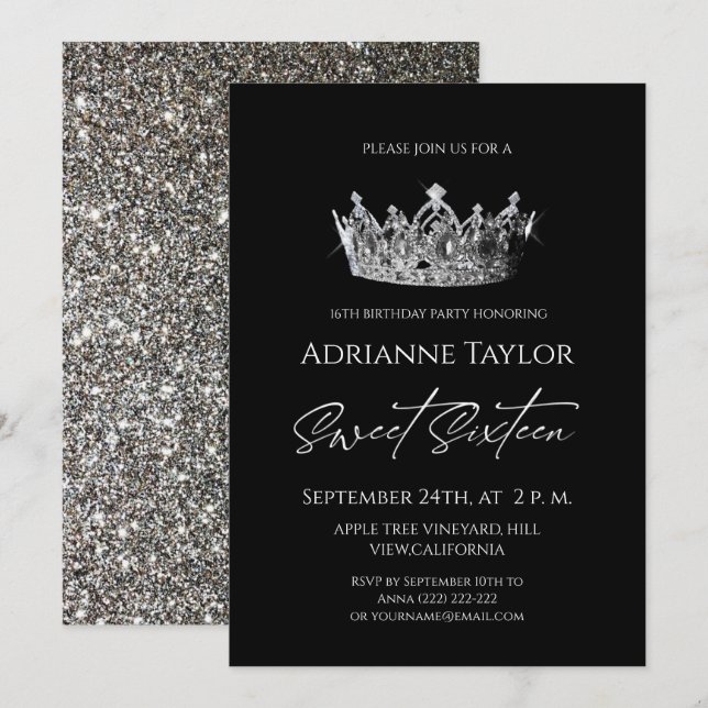 Invitation Chic Moderne Noir Blanc Sweet 16 (Devant / Derrière)