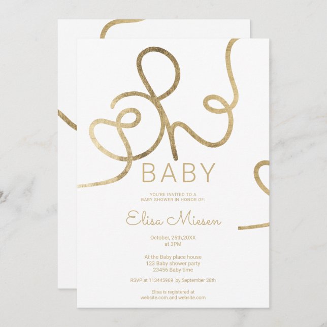 Invitation Chic moderne or blanc calligraphie Oh baby shower (Devant / Derrière)