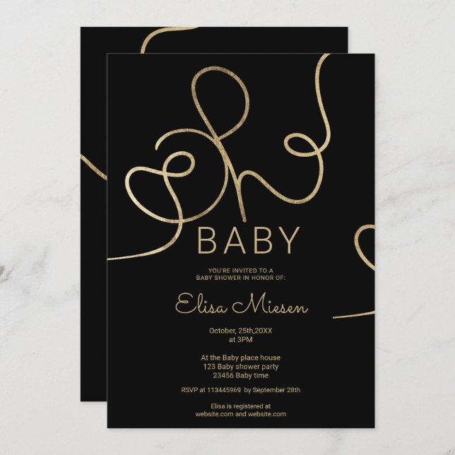 Invitation Chic moderne or noir calligraphie Oh baby shower (Devant / Derrière)