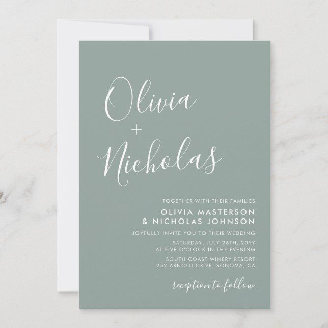 Invitation Chic Moderne Script Monogramme Sage Mariage Vert (Devant)