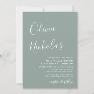 Invitation Chic Moderne Script Monogramme Sage Mariage Vert