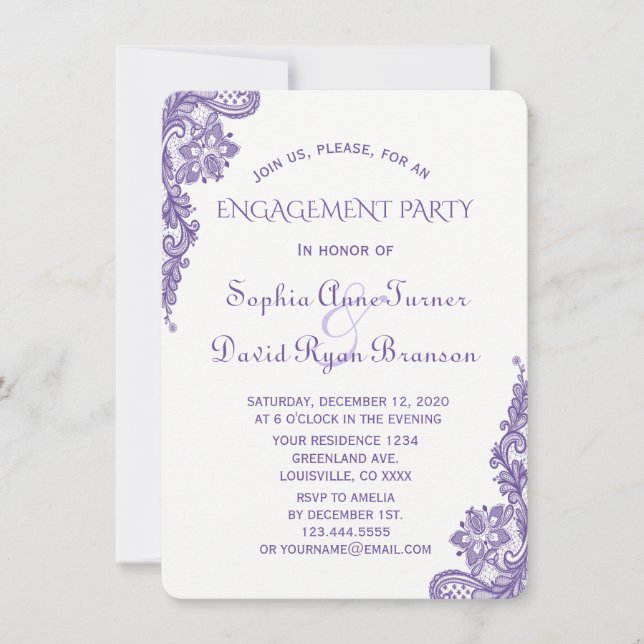 Invitation Chic moderne Ultra Violet Lace Engagement Party (Devant)