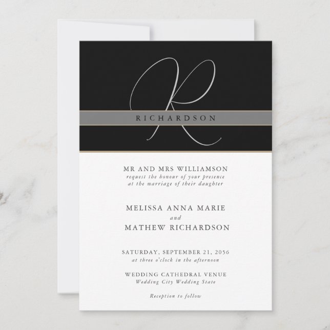 Invitation Chic Monogramme Elegant Classique Noir Blanc Maria (Devant)
