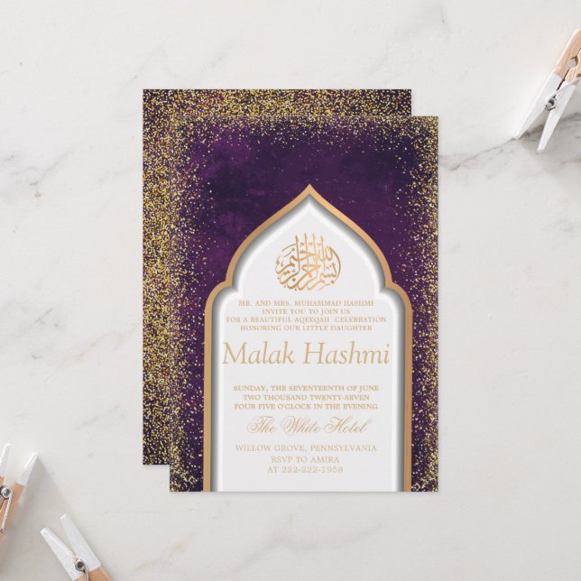 Invitation Chic Mosquée bébé fille PurpIe islamique Aqiqa Aqe (Devant/Arrière en situation)