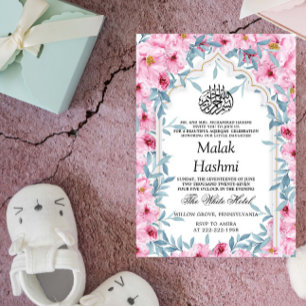 Invitation Chic Mosquée Florale bébé fille islamique Aqiqa Aq