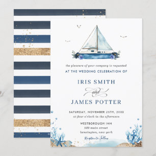 Invitation Chic Nautical Blue Boat Beach Mariage moderne