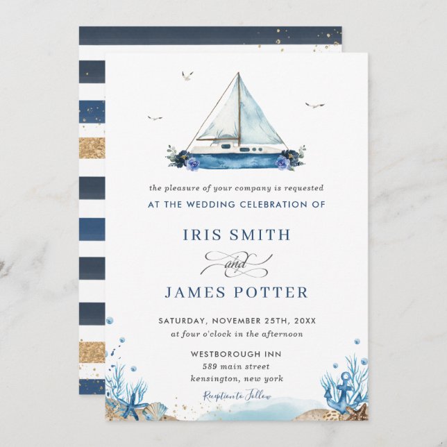 Invitation Chic Nautique Bleu Plage Mariage moderne (Devant / Derrière)