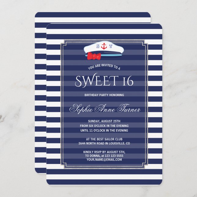 Invitation Chic Nautique Marine Stripes Silver Sweet 16 Party (Devant / Derrière)
