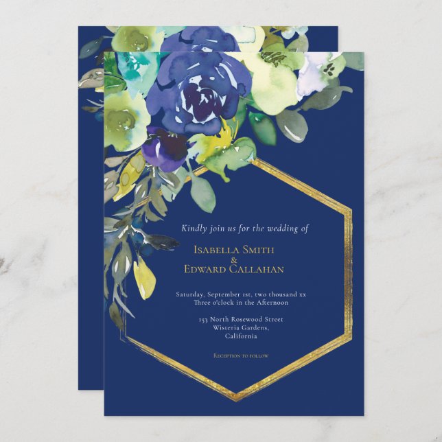 Invitation Chic Navy Aquarelle Floral Or Cadre géométrique (Devant / Derrière)