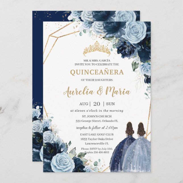Invitation Chic Navy Baby Blue Floral Girls Twins Quinceañera (Devant / Derrière)
