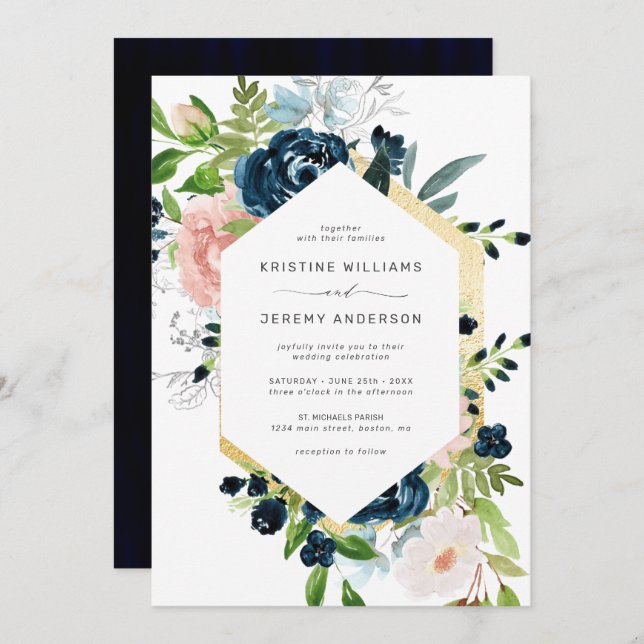 Invitation Chic Navy Blue Blush Rose Roses Floral Mariage (Devant / Derrière)